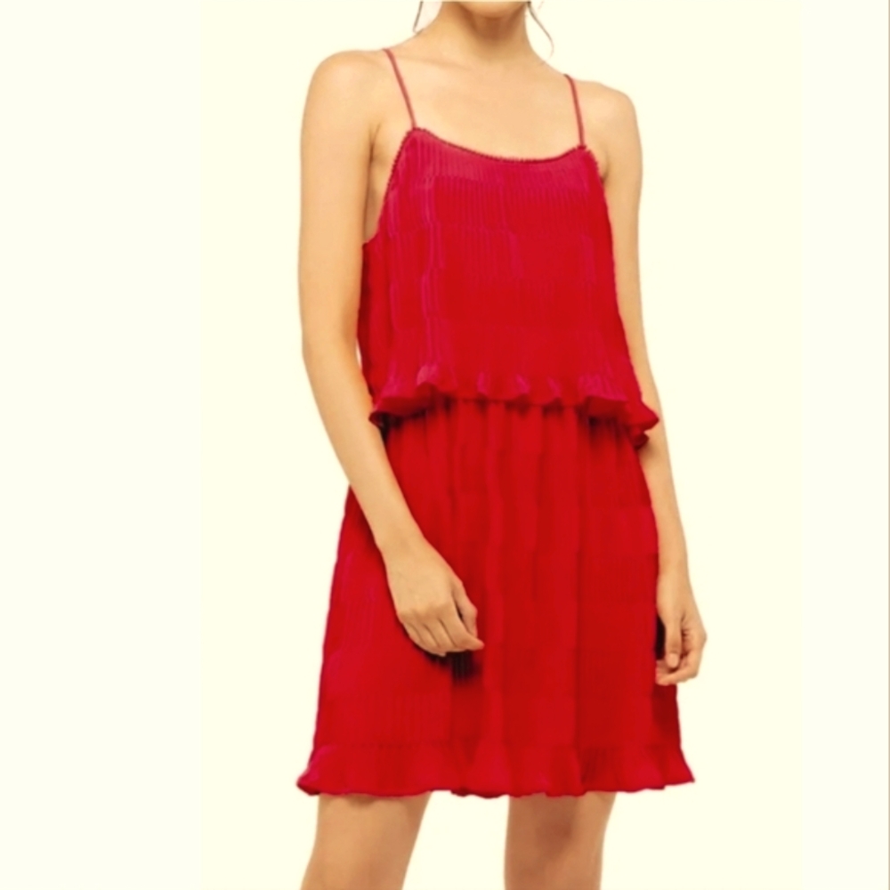 NEW Moon River Anthropologie Mini Dress Dark Pink Tiered Pleated Lace Trim Sz S